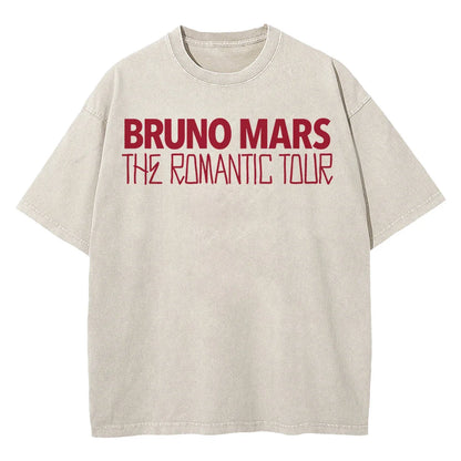 100% Cotton Vintage Washed Bruno Mars The Romantic Tour 2026 T Shirt Fashion Men/Women Retro Oversized Loose Acid Wash Tee Shirt