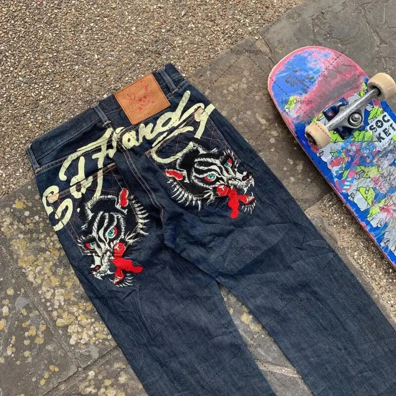 Mens Jeans Streetwear Y2K Vintage Straight Leg Denim Pants Skull Rose Flame Print Design Loose Fit Retro Punk Hip Hop Fashion