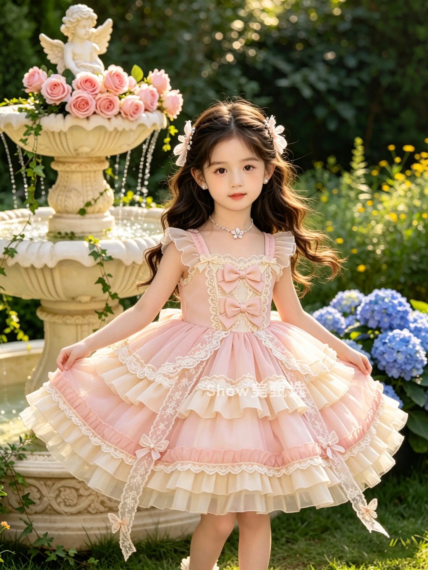 2026 New Summer Baby Girls Princess Lolita Dress Kids Sweet Pink Lace Bow Sleeveless Flower Girl Cake Dress Birthday Party Gown