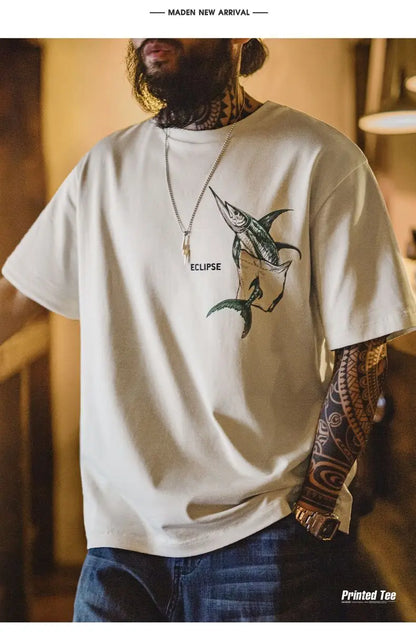 Casual Printed Short Sleeve T-Shirt Men's Summer Loose Fit Heavyweight Cotton Ribbed Round Neck Tee  Versatile Street Tops