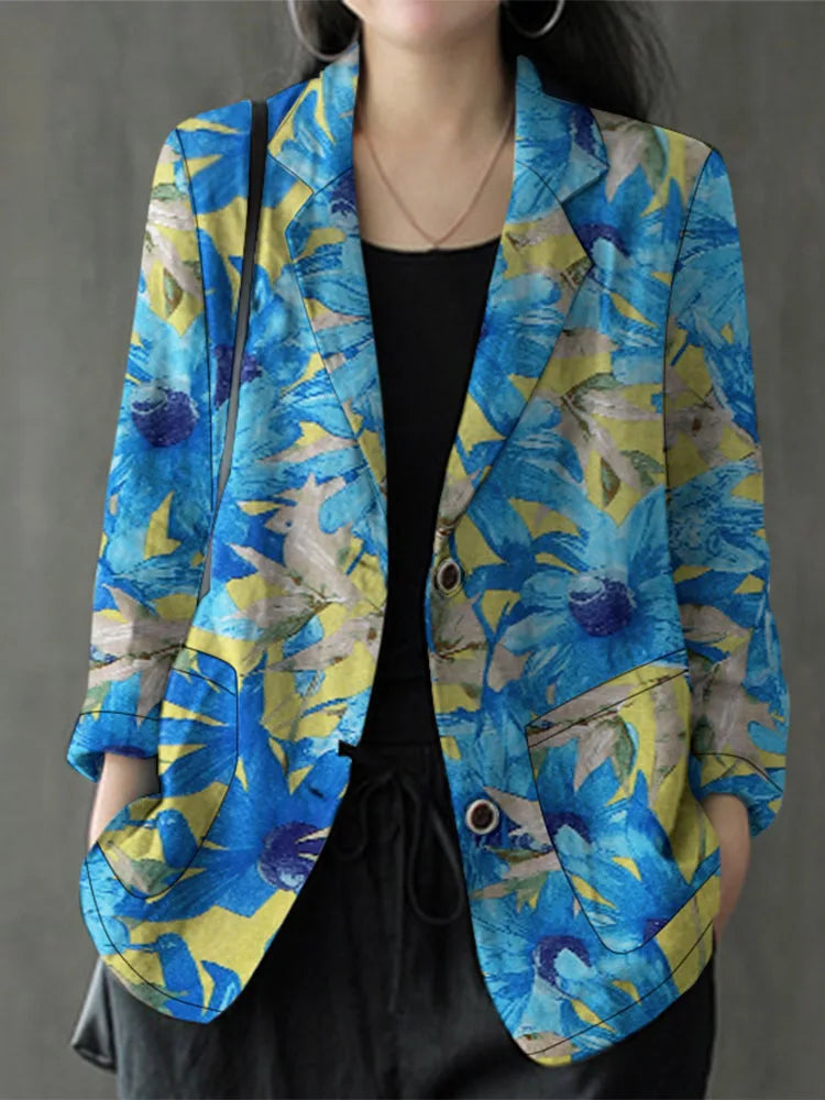 Women Lapel Neck Long Sleeve Blazer Autumn Vintage Casual Solid Cotton Blazer Elegant Cardigan Thin Coats Work Suits