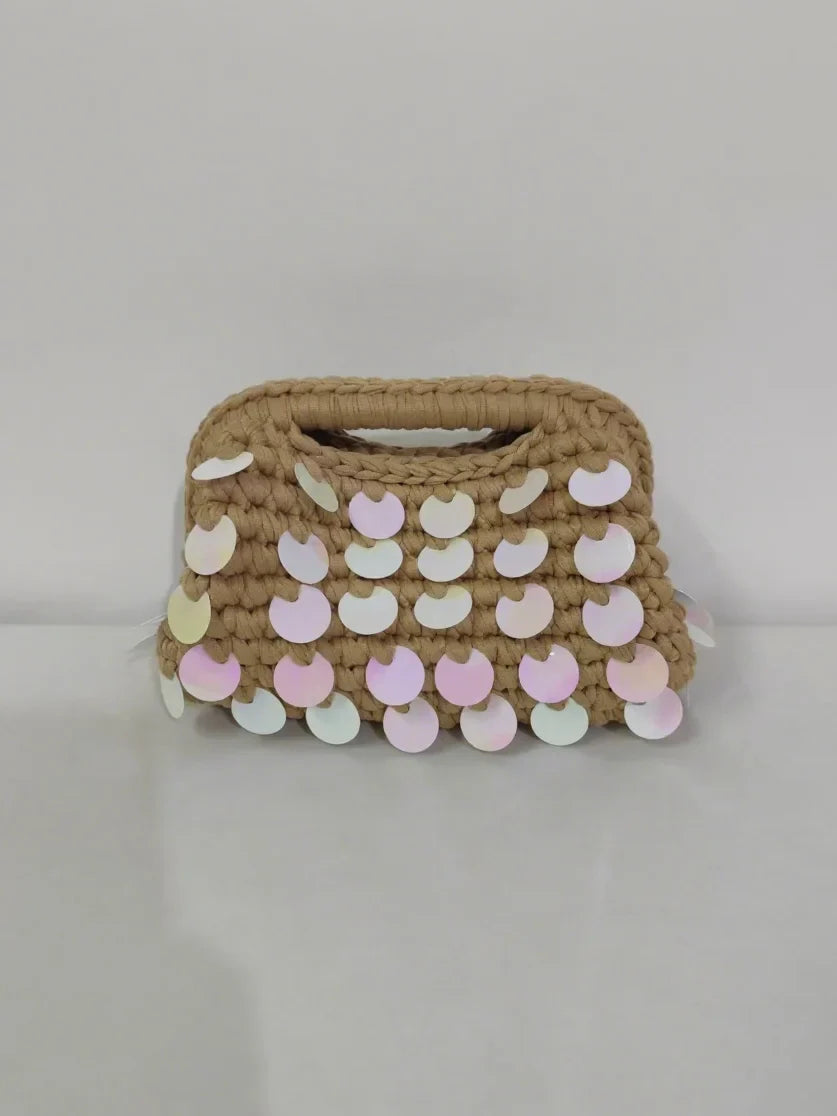 Yingzi Small Sequin Crochet Cluth Bag with Shine Paillettes Handmade Evening Bag Makeup Bag