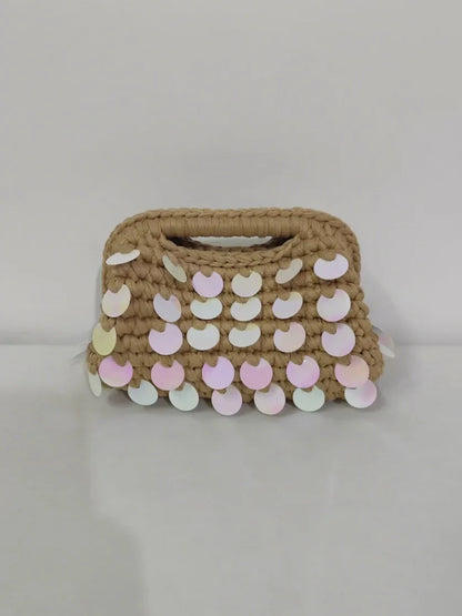 Yingzi Small Sequin Crochet Cluth Bag with Shine Paillettes Handmade Evening Bag Makeup Bag