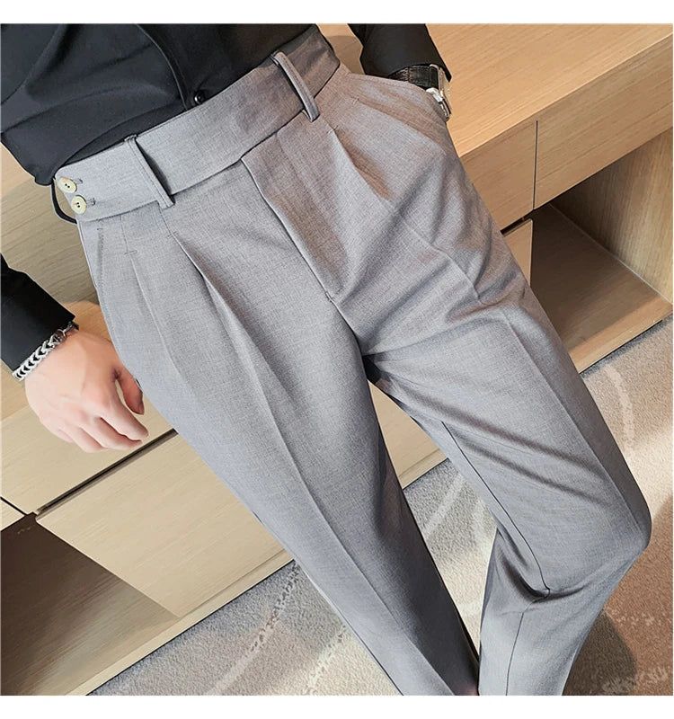 British Style Twill Pleat Design Naples High Waist Casual Trousers Fashion Man Slim Simple Social Party Suit Pant Plus Size 38