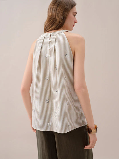 2026 Summer Women's Striped Embroidered Sleeveless Blouse - Vacation Elegance Collection for Resort