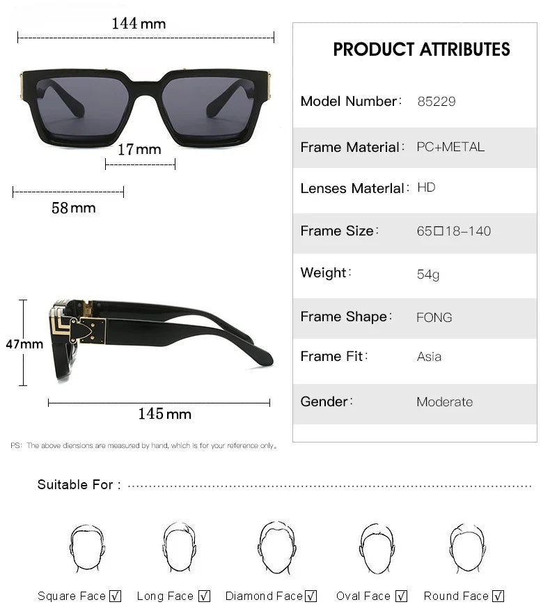 Millionaire Sunglasses For Men Vintage Square Sun Glasses Fashion Retro Sunglasses Women Trendy Luxe Gafas De Sol Hombre Lunette