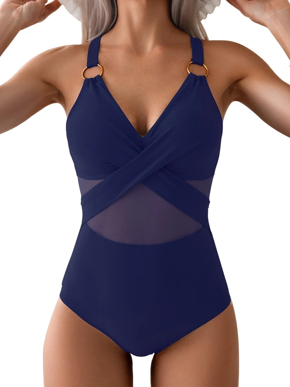 2026 Plain Ruched Mesh Swimsuit Women One Piece Ring Link Swimwear Female Sexy Bathing Swimming Suit Bodysuit Summer Beachwear