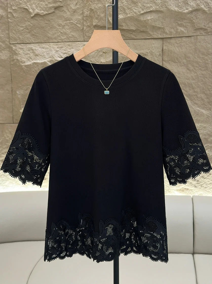 Women's Lace Trim Round Neck Short Sleeve T-Shirt 2025 Summer Slim Fit Casual Minimalist Solid Color Versatile Top