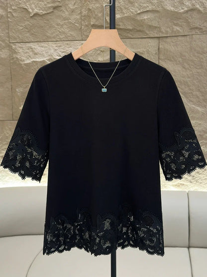 Women's Lace Trim Round Neck Short Sleeve T-Shirt 2025 Summer Slim Fit Casual Minimalist Solid Color Versatile Top