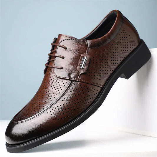 Men's Summer Breathable Leather Shoes Comfortable Soft Bottom Hollow Design Business Formal Derby Shoes British Style-SJ551-1