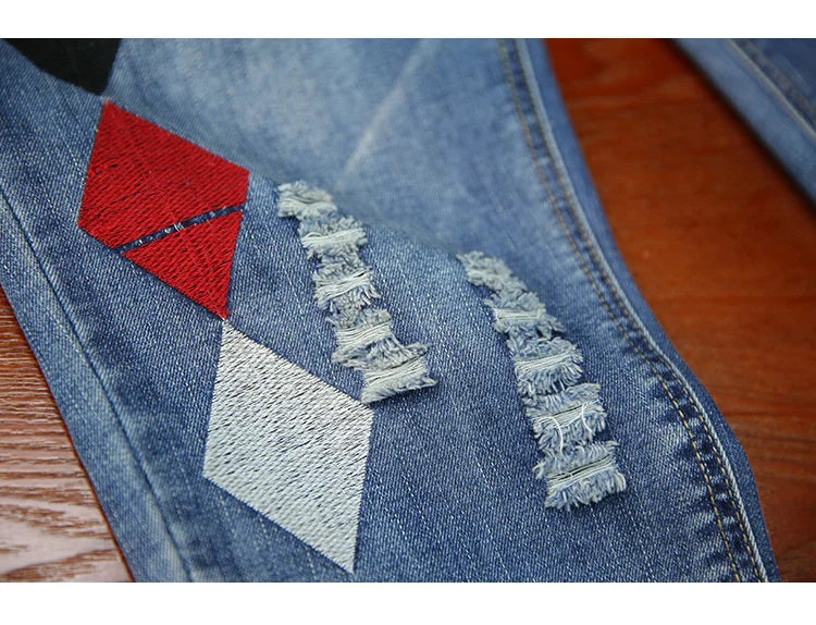 Summer Females Luxury Embroidery Jeans Womens Fashion Vintage Ripped Denim Trousers Loose Holes Elastic Harem Pants