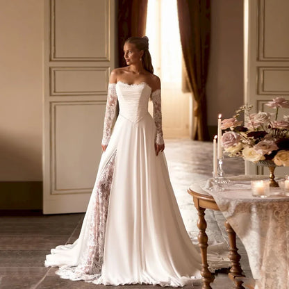 Lace Wedding Dresses 2026 Bride Sweetheart Full Sleeve A Line Bride Gowns Chiffon Elegant vestido noiva casamento Customized