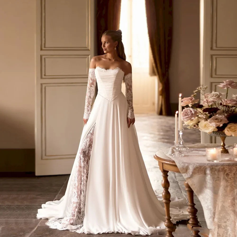 Lace Wedding Dresses 2026 Bride Sweetheart Full Sleeve A Line Bride Gowns Chiffon Elegant vestido noiva casamento Customized