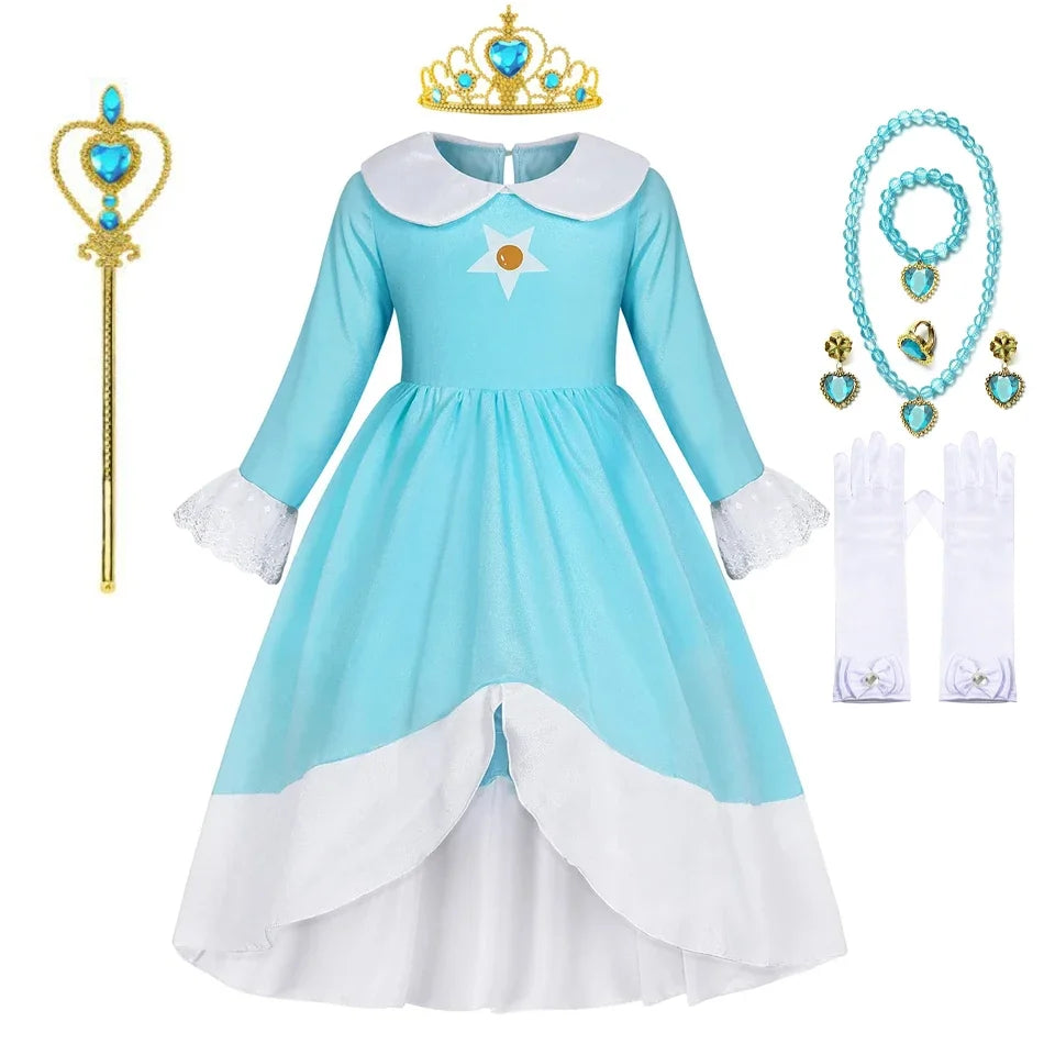 Rosalina Dress Girls Peach Children Halloween Costume Game Role Play Princess Dress Long Sleeve