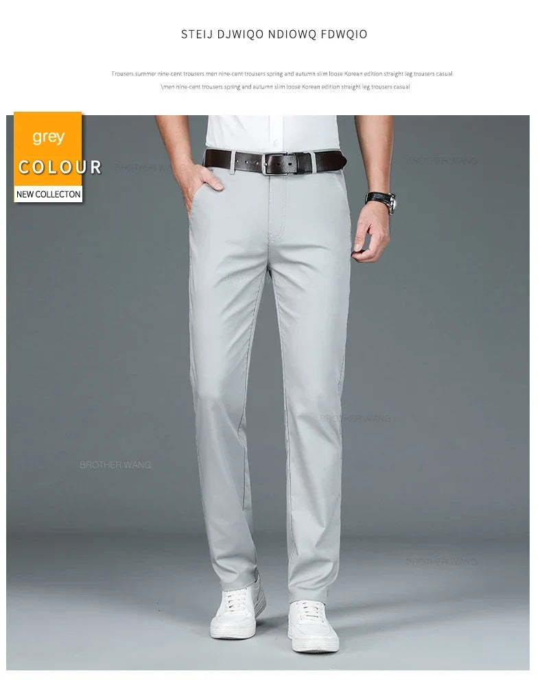 Bamboo Fiber Fabric Men's Casual Pants Summer New Ultra-thin Elastic Soft Straight Business Trousers Classic Black Khaki Gray