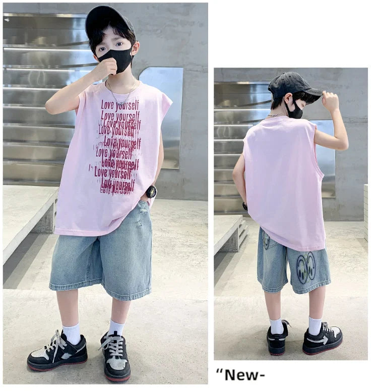 2025 New Summer Outfit Sets for Boys Sleeveless Tshirt And Denim Shorts 2 Pieces Tracksuit Kids Child Stylish Sports Suits 5-14Y
