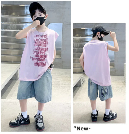 2025 New Summer Outfit Sets for Boys Sleeveless Tshirt And Denim Shorts 2 Pieces Tracksuit Kids Child Stylish Sports Suits 5-14Y