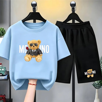 Fashion Letter Bear Print Children Summer Clothing Tshirt+Shorts Black Boy Girl Red Toddler 3-12Yrs Leisure Short-Sleeved Set