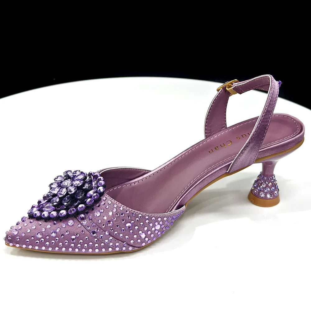 Blue Color Rhinestone Comfortable high heel shoe And Bag Fashion Style Pointed-Toe Shoes For Women Or Commuting Shoes