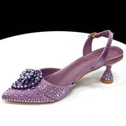 Blue Color Rhinestone Comfortable high heel shoe And Bag Fashion Style Pointed-Toe Shoes For Women Or Commuting Shoes