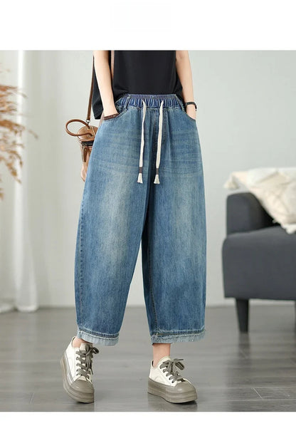 Casual High Waist Wide Leg Jeans Women's Loose Fit Slimming Summer Thin Sle Lantern Pants  Lyocell Fabric Water Wa