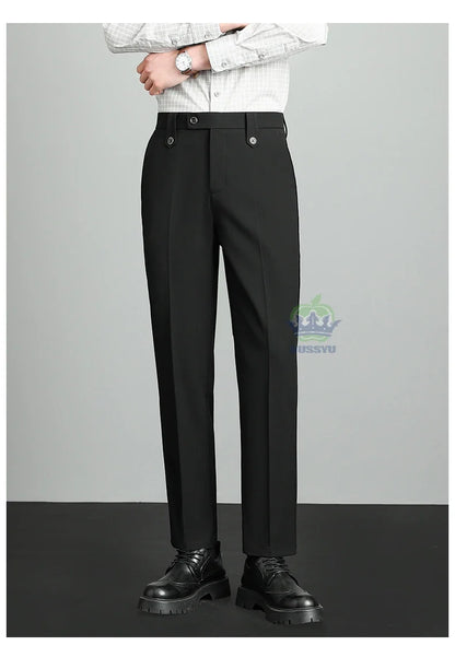 Brand High Quality Business Suit Ankle Length Pants Men Grey Khaki Waist Design Work Office Formal Long Trousers Male
