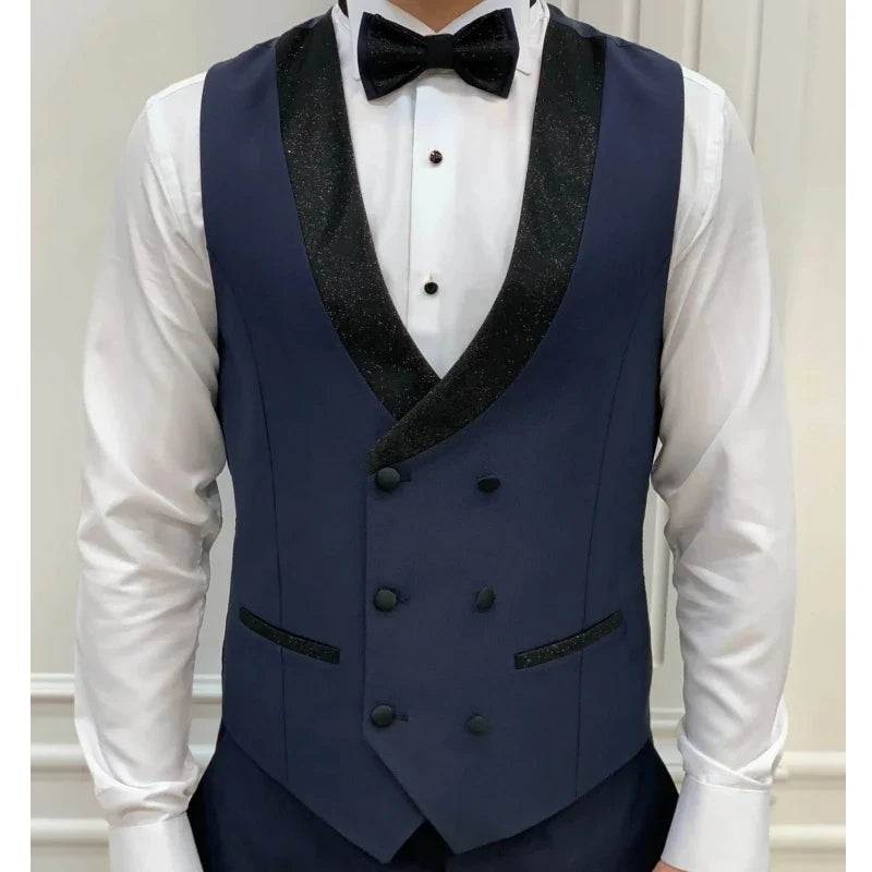 Men Vest Gray Double Button With Black Lapel Waistcoat Suit Fit Wedding Birthday Banquet Party Business Work Tuxedo Men Suit
