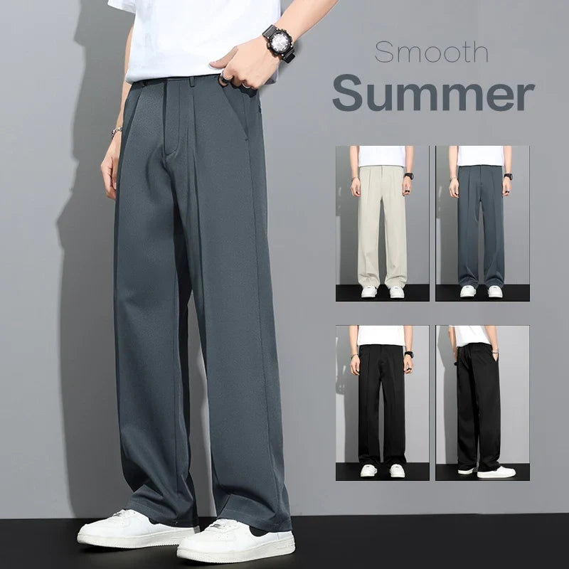 Men's 2026 Summer Korean Style Loose Straight Leg Draping Lightweight Casual Pants Slacks Khaki Dark Gray Black Trousers Male
