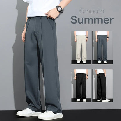 Men's 2026 Summer Korean Style Loose Straight Leg Draping Lightweight Casual Pants Slacks Khaki Dark Gray Black Trousers Male