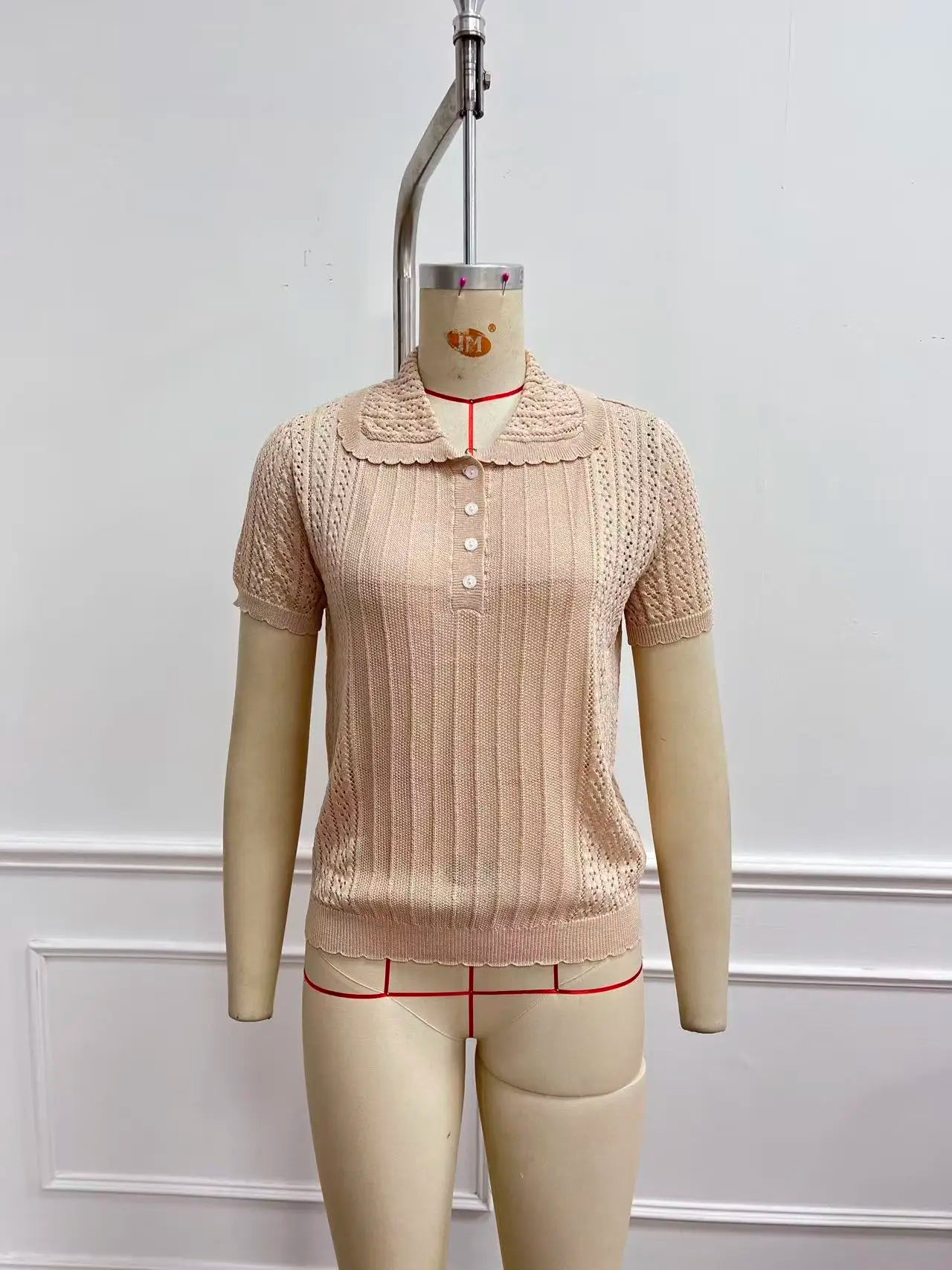 Women's short-sleeved button-down slim-fit pullover sweater with polo collar and Peter Pan collar, new spring/summer top.