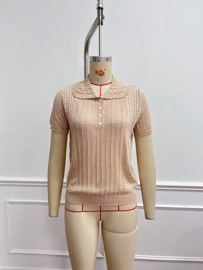 Women's short-sleeved button-down slim-fit pullover sweater with polo collar and Peter Pan collar, new spring/summer top.