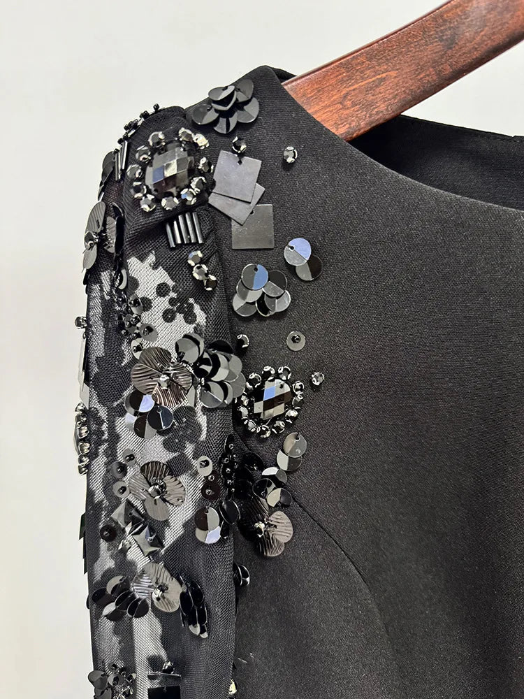 HIGH STREET Newest Fashion 2026 Designer Party Vestido Women's Spliced Mesh Diamonds Beaded Long Sleeved Maxi Long Dress