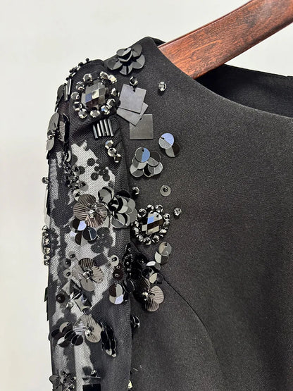 HIGH STREET Newest Fashion 2026 Designer Party Vestido Women's Spliced Mesh Diamonds Beaded Long Sleeved Maxi Long Dress