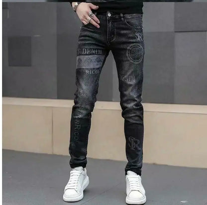 High End Stylish Classic Distinctive Printed Black Stretch Denim Jeans for Men High Quality Slim Fit Stretch Luxury Denim Pants