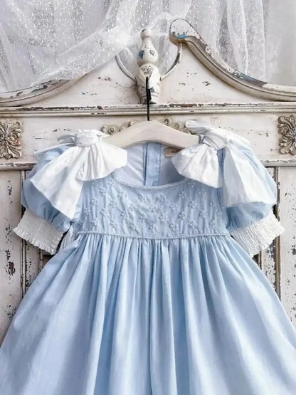 Baby Girl Princess Cotton Bow Pearl Dress Infant Toddler Child Ruffled Spanish Blue Vestido Birthday Party Baby Clothes 18M-7Y