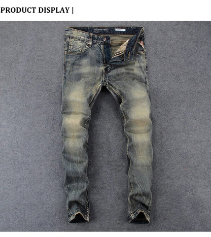 Newly Vintage Fashion Men Jeans Retro Washed Elastic Slim Fit Ripped Jeans Men Italian Style Designer Casual Denim Pants Hombre