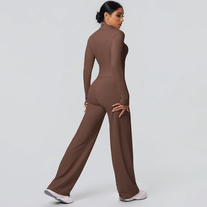 2pieces Quick Drying Sports Fitness Clothing Yoga Set Women Yoga Zipper Long Dleeves High Waisted Breathable Wide Leg Pants Set