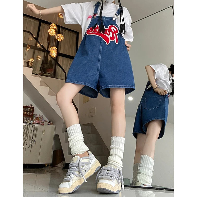 Women Streetwear Kawaii Denim Shorts Overalls Lady Fashion Embroidery Oversize Wide Leg Jeans Female Y2k Clothes Deep Blue Pants