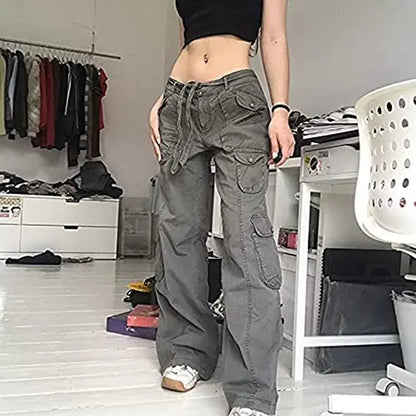 Women's Pants Gothic Punk Baggy Vintage Kawaii Trousers Bandage Low Waist Cargo Pants Grunge Green Zipper Jeans Korea Sweatpants