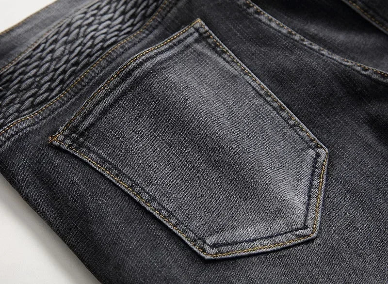 Men's New Casual Motorcycle Jeans Hip Hop Street Riding Stretch Slim Fit Straight Pants Patchwork Fashion Denim Trousers Male