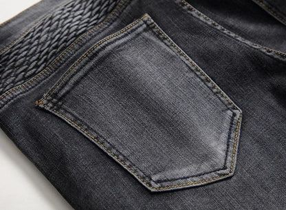Men's New Casual Motorcycle Jeans Hip Hop Street Riding Stretch Slim Fit Straight Pants Patchwork Fashion Denim Trousers Male