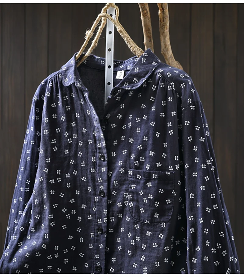 Sweet Snow Dots Print Shirt, Double Layers, Cotton Yarn, Peter Pan Collar, Long Sleeve, Casual Blouse Shirt