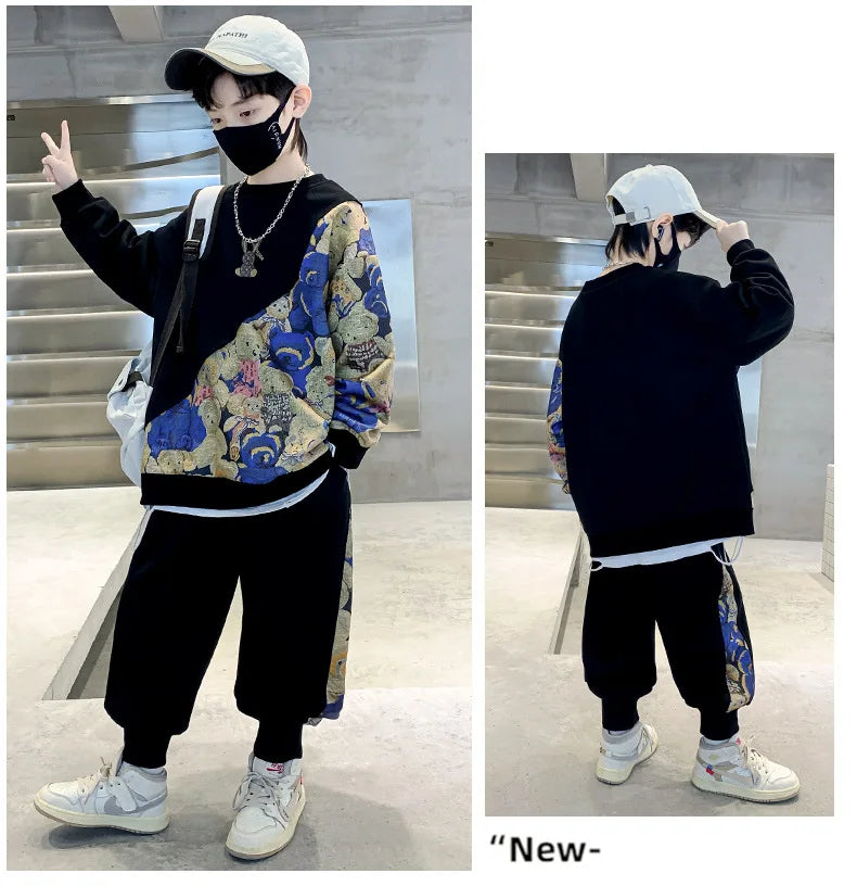 Boys Cotton Cartoon Print Patchwork Workout Sweatshirt+Sweatpant Sets Children 2PCS Tracksuit School Kids Jogging Outfits 5-16Yr