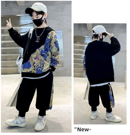 Boys Cotton Cartoon Print Patchwork Workout Sweatshirt+Sweatpant Sets Children 2PCS Tracksuit School Kids Jogging Outfits 5-16Yr