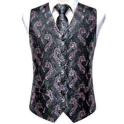 Luxury Men Silk Vest Gold Black Blue Red Green Purple Floral Waistcoat Tie Hanky Cufflinks Brooch Wedding Formal Business
