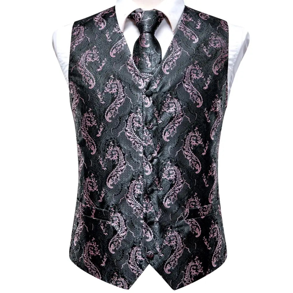 Navy Blue Mens Silk Vests Business Paisley V-Necl Waistcoat Tie Hanky Cufflinks Brooch Set for Men Suit Wedding Formal Hi-Tie