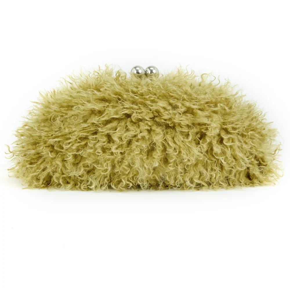 Women kisslock Faux Fur Clutch bag winter warm dark grey pouch frame clasp bag with chain crossbody