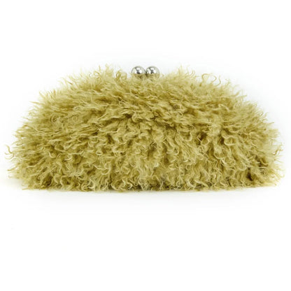 Women kisslock Faux Fur Clutch bag winter warm dark grey pouch frame clasp bag with chain crossbody