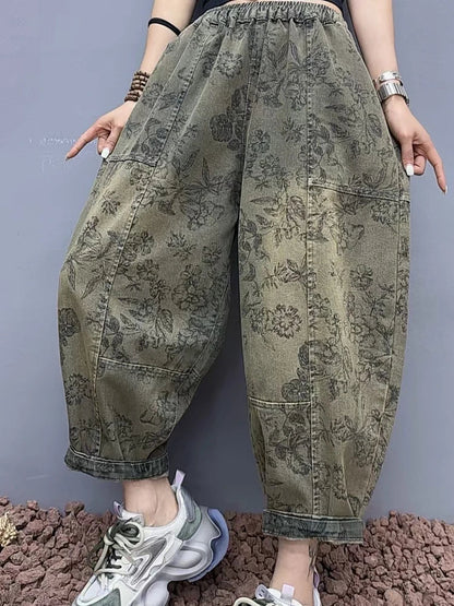 2025 Floral Spring Ladies Printed Classic Elegant Harem Pants Casual Fashion Jeans Vintage Loose Women Denim Trousers