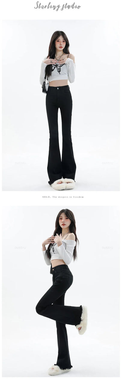 Spring Summer Flared Jeans Women Cotton Vintage Blue Denim Pants Streetwear Elastic High Waist Slim Harajuku Trouser Plus Length